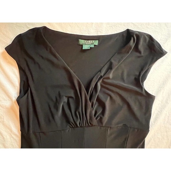 Lauren Ralph Lauren Womens Sheath Dress Black Surplice Neck Pleated Midi‎ LBD 10 - Picture 5 of 8